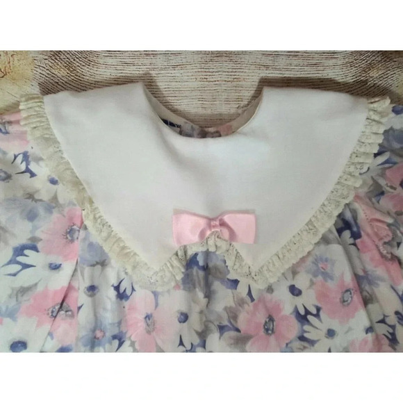 Vintage Polly Flinders Toddler Girl Dress Size T3 Floral Drop Waist Ruffle Lace - Picture 3 of 5